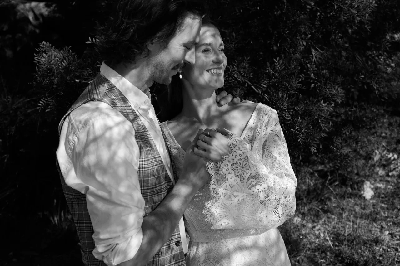 A couple embracing, in black and white on film