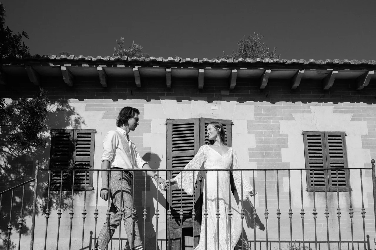 Getting ready on a finca balcony, in black and white